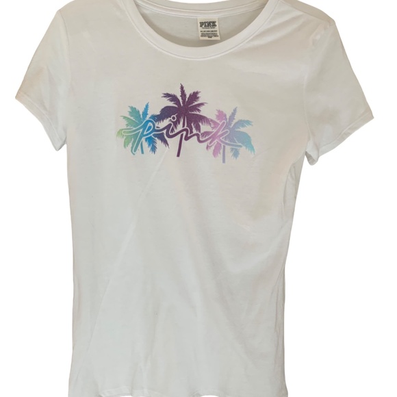 PINK Victoria's Secret Palm Tree T Shirt with Glitter XS - Picture 1 of 5